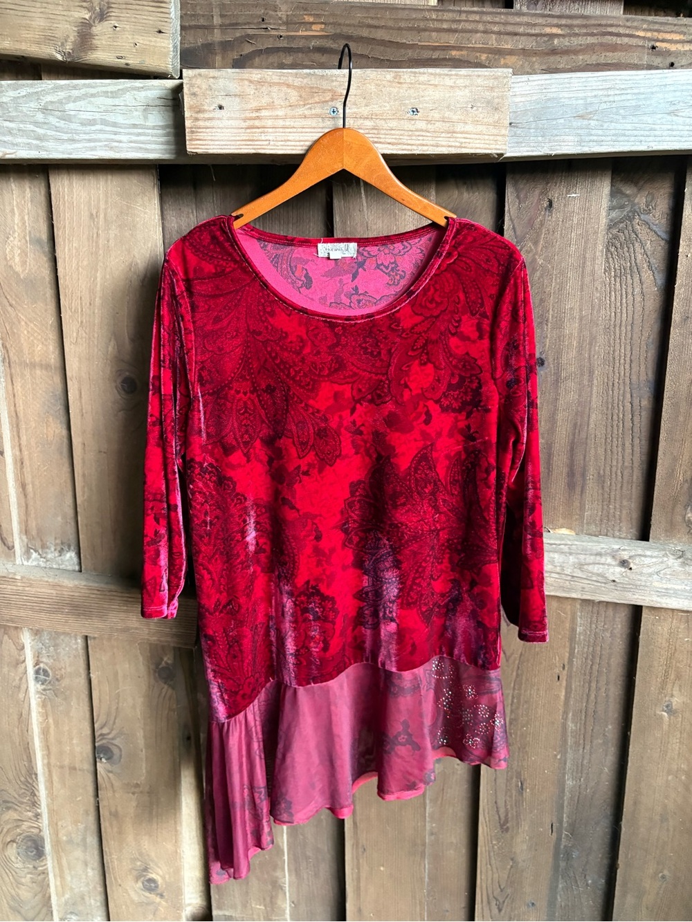 VTG Whimsigoth Paisley Velvet Layered Red Long Sleeve Top